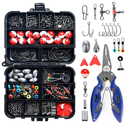 263pcs Fishing Accessories Set with Tackle Box Including Plier Jig Hooks Sinker Weight Swivels Snaps Sinker Slides - color: Red & white