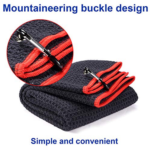 2 Pack 16" x 24" Tri-fold Golf Towel Set, Microfiber Fabric Waffle Pattern Towels, Heavy Duty Carabiner Clip (2 Pcs, 2 Colors) - color: 3: Black (Red Edge) + Navy Blue (Black Edge)