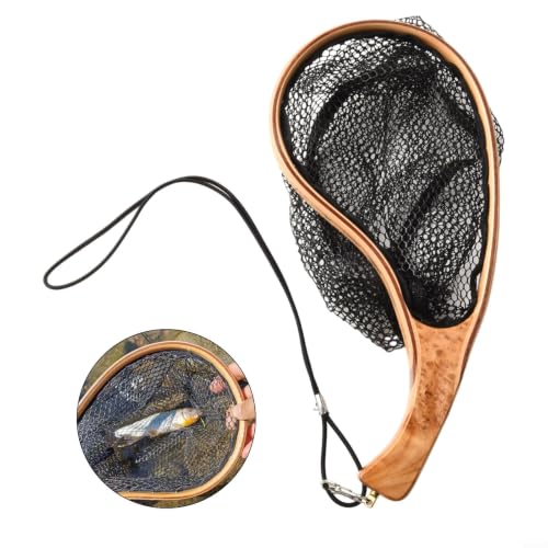 Fly Fishing Net Wooden Frame Landing Catch Release Net Ergonomic Handle Hexagonal Mesh Fish Friendly Design for Stream River Fly Fishing Outdoor Sports Equipment Natural Wood Finish