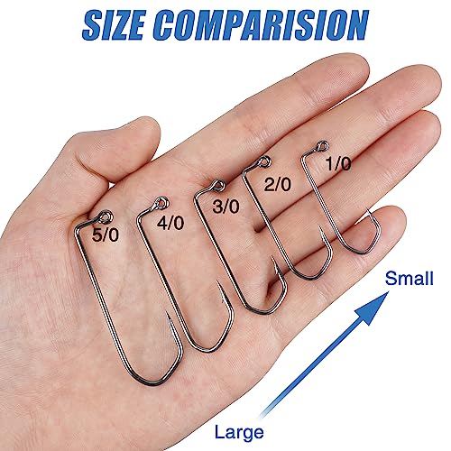 Aberdeen 150pcs 90 Degree Long Shank Forged Duratin Jig Hooks - Round Bend High Carbon Steel Barbarian Saltwater Fishing Kit 1/0-5/0