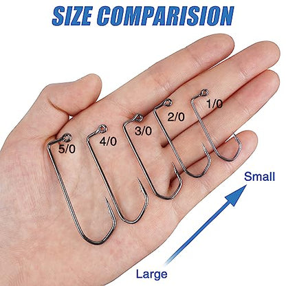 Aberdeen 150pcs 90 Degree Long Shank Forged Duratin Jig Hooks - Round Bend High Carbon Steel Barbarian Saltwater Fishing Kit 1/0-5/0