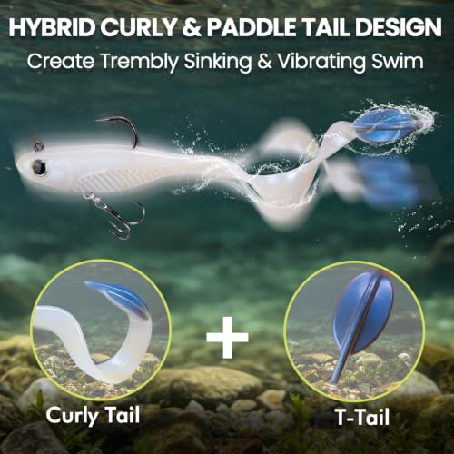 TRUSCEND Duramax Easy Catch Soft Fishing Lures with BKK Hook, Trembly Sinking & Vibrating Swim for More Bites, Pre-Rigged Curly & T-Tail Swimbait for Bass, Trout, Crappie, Freshwater Saltwater Fishing - color: A4-6'',1-3/4oz