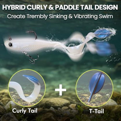TRUSCEND Duramax Easy Catch Soft Fishing Lures with BKK Hook, Trembly Sinking & Vibrating Swim for More Bites, Pre-Rigged Curly & T-Tail Swimbait for Bass, Trout, Crappie, Freshwater Saltwater Fishing - color: A4-6'',1-3/4oz