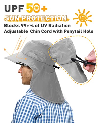 Tirrinia Wide Brim Sun Hat with Neck Flap for Men & Women, Breathable Hiking Fishing Safari Hat, Outdoor UV Protection Cap - color: Gray