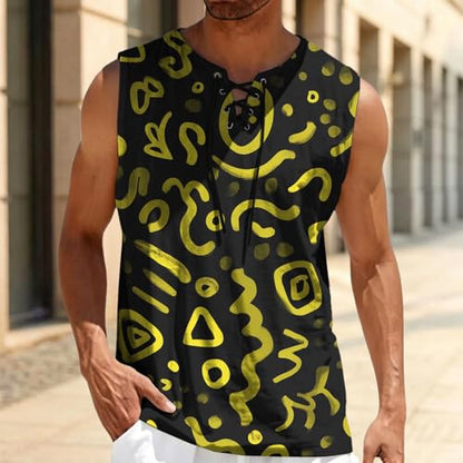 MARSVOVO Mens Print V-Neck Tank Tops Casual Lace-Up Loose Fit Graphic Vest Lightweight Breathable Sleeveless Shirts - color: Pattern B, size: Medium