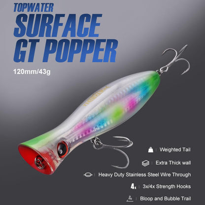 Saltwater Popper Lure Topwater Popper Lure Saltwater, Fishing Accessories for Saltwater Surface Casting and Freshwater Surface Fishing, Large Predator Fish - color: Rainbow