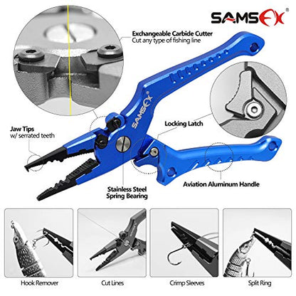 SAMSFX Aluminum Fishing Pliers Hook Remover Braid Line Cutter with Coiled Lanyard, Fly Fishing Knot Tying Tool & Retractors - color: 7'' Split Ring Nose, Sapphire Blue Handle