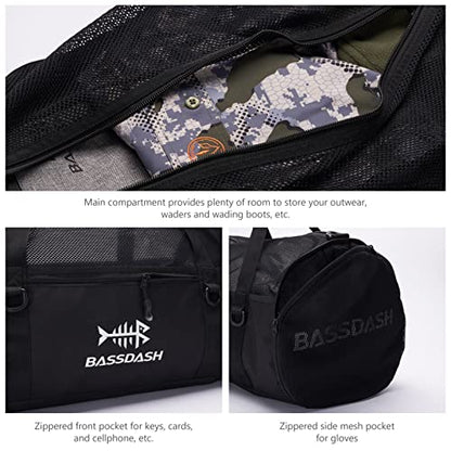 BASSDASH Mesh Duffel with Removable Shoulder Strap Wader Bag for Fishing Hunting Travel Sport Gym Beach Snorkeling FP06