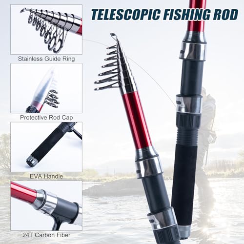 Goture Fishing Rod and Reel Combos-2PCS 2.4M Telescopic Fishing Pole+2PCS Spinning Reels with Carrier Bag,Telescopic Rod Reel Kit for Starter Travel Saltwater Freshwater,Gifts for Men