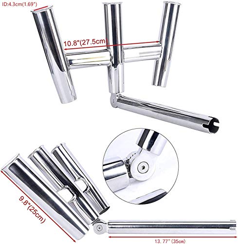 Amarine-made 3 Tube Silver Highly Polished Stainless Steel Trident Outrigger Stylish Rod Holder - Triple Rod Holder , Kite Fishing Mount 3-Rod Holder (Size B)