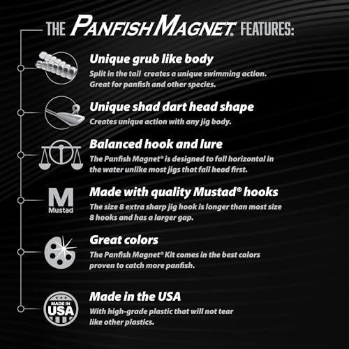 Trout Magnet 82 Piece Panfish Magnet Kit, with A Longer Shad Dart Hook, Includes 70 Split Tail Grub Bodies, 12 Black Size 8 Mustad Hooks, Catches All Types of Fish