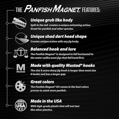 Trout Magnet 82 Piece Panfish Magnet Kit, with A Longer Shad Dart Hook, Includes 70 Split Tail Grub Bodies, 12 Black Size 8 Mustad Hooks, Catches All Types of Fish