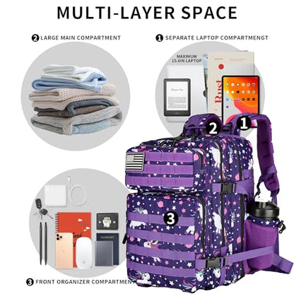 Lovelinks21 25L Tactical Military Backpack Small Travel Rucksack for Men and Women Assault Pack Bug Out Bag Molle Daypack Gym Backpack with Bottle Holder (Purple Pony) - color: Purple Pony