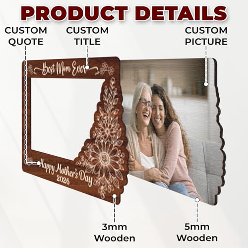 Personalized Picture Wooden Floral Frame for Mother's Day, Custom Photo Plaque with Quote & Title, Best Mom Ever Gifts, Sentimental Gifts for Mom, Nana, Grandma, Rustic Family Picture Frame - color: 0. Mom-01