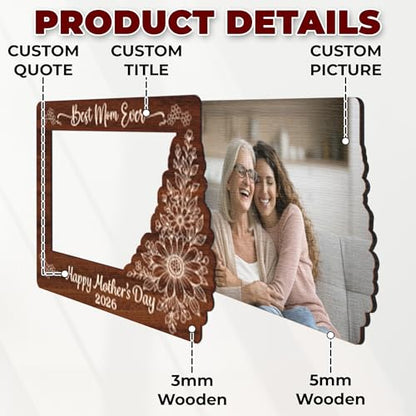 Personalized Picture Wooden Floral Frame for Mother's Day, Custom Photo Plaque with Quote & Title, Best Mom Ever Gifts, Sentimental Gifts for Mom, Nana, Grandma, Rustic Family Picture Frame - color: 0. Mom-01