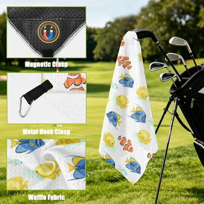 Fish 2 Pack Waffle Pattern Golf Towels, 17.7"x17.7" Square Golf Towel with Carabiner Clip and Magnetic Snap for Cleaning Golf Ball, Club