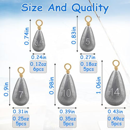 Fishing Weights Sinkers Kit, 5 Sizes 26pcs Drop Shot Weights Fishing Sinkers, Fishing Weights Lead Fishing Equipment for Saltwater Freshwater Ocean Catfish