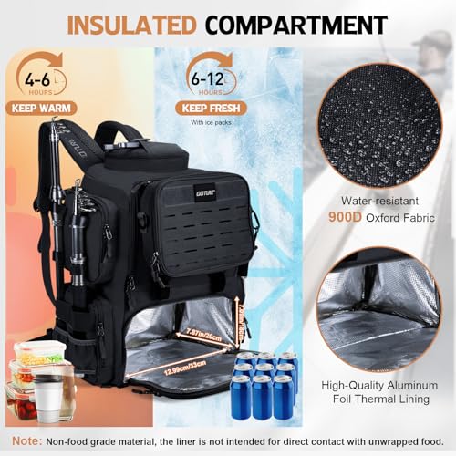 Goture Fishing Backpack with 4 Tackle Boxes,58L 900D Water-Resistant Tackle Backpack with Cooler,Rod Holders,8 Lure Pockets, Detachable Crossbody Bag,Gear Storage Large Fishing Bag for Camping Hiking - color: D1:black With 4 Tackle Boxes