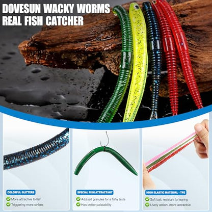 PLUSINNO Wacky Worm Fishing Lure Kit, Soft Plastic Fishing Lures, Grub Baits Hook Wacky Rig Bass Trout Fishing Worms Lures w/Tackle Box - color: 220PCS Wacky Worm Fishing Lure Kit