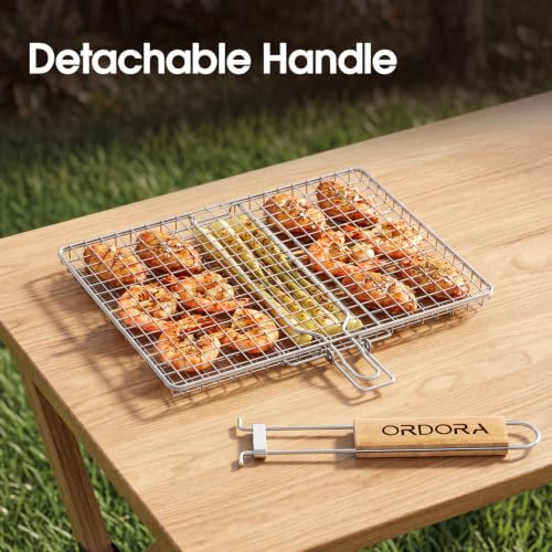 ORDORA Shallow Grill Basket, Fish Grill Basket, Rustproof Stainless Steel BBQ Folding Portable Grilling Rack for Meat, Steak,Vegetables, Grill Accessories - size: Shallow