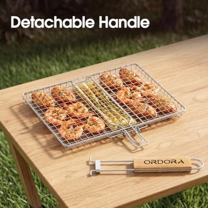 ORDORA Shallow Grill Basket, Fish Grill Basket, Rustproof Stainless Steel BBQ Folding Portable Grilling Rack for Meat, Steak,Vegetables, Grill Accessories - size: Shallow