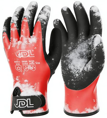 JDL 100% Waterproof Winter Work Gloves for Men & Women, Thermal Insulated Freezer Gloves for Cold Weather, Super Grip Palm, Red, Large, Medium