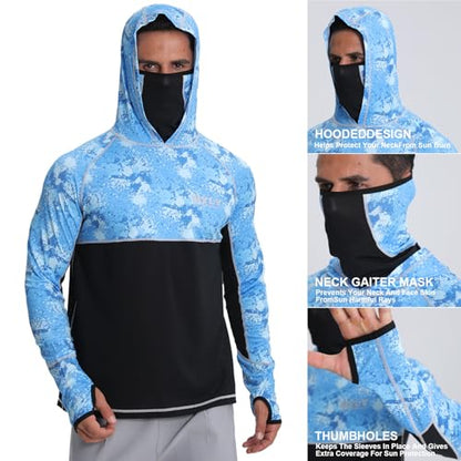 Men's Performance Fishing Shirts,Sun Protection Hoodie Long Sleeve UPF 50+ Hiking Shirt with Mask Cap - color: Blue 1, size: Small