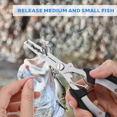 Xindojuz 1 PCS Fishing Pliers Hook Remover, Fishing Scissors Line Cutter, Split Ring Fishings Pliers Saltwater with Safety Lock, Stainless Steel Fishings Tools with Sheath, Gifts for Men Women