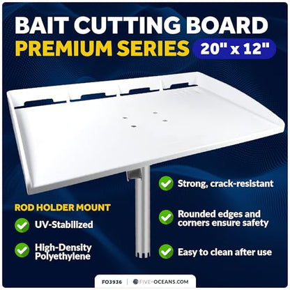 Five Oceans Cutting Board for Boat, 20" x 12" - Premium Fillet Table with Rod Holder Mount, Knife Slot, Plier Storage & Slotted Back - 1-Year Warranty - FO3936 - color: Premium Bait Cutting Board (Rod Holder Mount)
