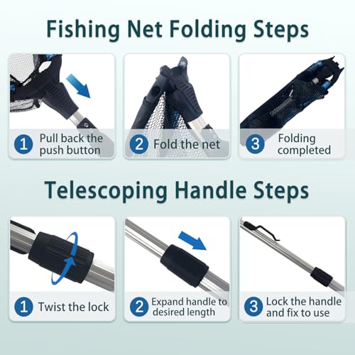 Floating Telescoping Rubber Fishing Net with Handle Lightweight Fly Fish Net Silicone Foldable Freshwater and Saltwater Extendable Fishpond Kayak Fish Landing Net - color: Floating Rubber Coated Net-Silver&Blue-36"