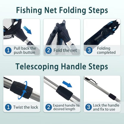 Floating Telescoping Rubber Fishing Net with Handle Lightweight Fly Fish Net Silicone Foldable Freshwater and Saltwater Extendable Fishpond Kayak Fish Landing Net - color: Floating Rubber Coated Net-Silver&Blue-36"