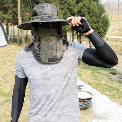 Sun Hat Unisex Face Coverage Shield Neck Flap Cap Garden Lawn Work Sports Hiking Fishing Hats - color: Army Green Ink Wash Pattern