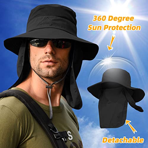 Fishing Hat for Men Sun Protection Hat with Removable Mesh Face Neck Flap Cover Windproof Strap for Men and Women - color: Black