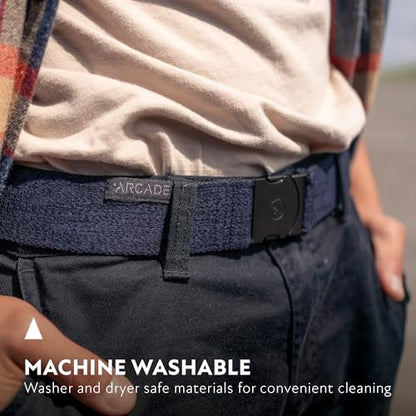 Arcade The Original Unisex Adventure Belt, Heavy Duty Elastic Webbing, Non-Metal Travel Friendly Buckle - color: Navy, size: Standard (Up to 40"); 1.5" Wide