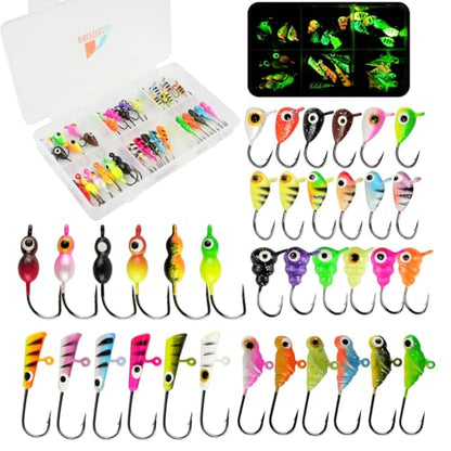 Ice Fishing Jigs Kit, 36/60/100pcs Micro Jig Heads Lures Hook Set for Winter Ice Jigging, Panfish, Perch, Trout, Bluegill, Walleye, Crappie Ice Fishing Lures Hooks Set with Storage Box - color: A -36pcs Ice fishing jigs (6 Style)