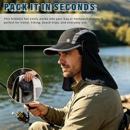 Fishing Hat with Removable Neck Flap, Foldable Sun Protection Baseball Cap - color: Black