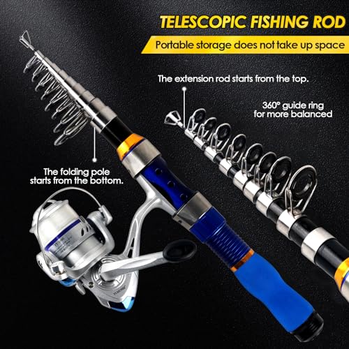 Telescopic Fishing Rod Reel Combo 2PCS 6.89FT Collapsible Fishing Pole Spinning Reel Lures Accessories with Fishing Bag Portable Fishing Rod Kit for Saltwater Freshwater Travel Fishermen Gift - color: Blue