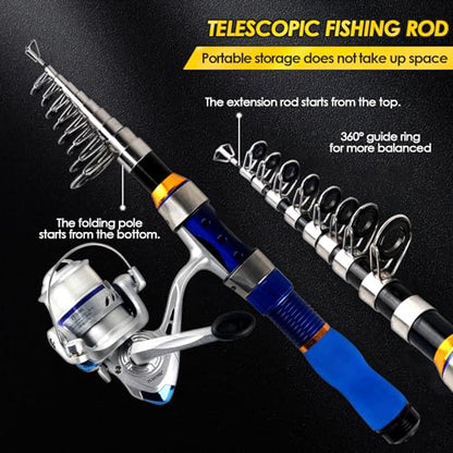 Telescopic Fishing Rod Reel Combo 2PCS 6.89FT Collapsible Fishing Pole Spinning Reel Lures Accessories with Fishing Bag Portable Fishing Rod Kit for Saltwater Freshwater Travel Fishermen Gift - color: Blue