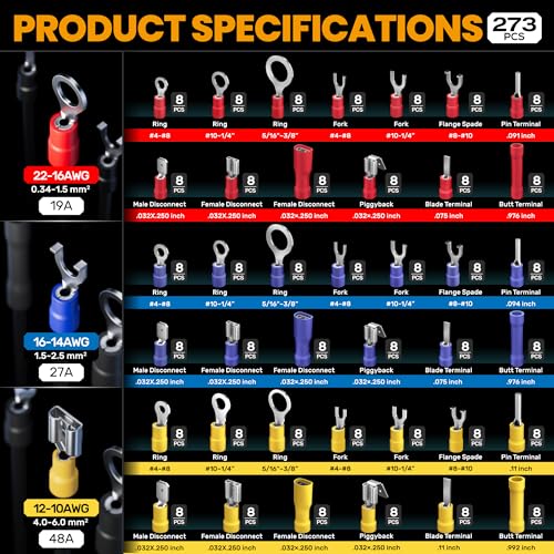 SOMELINE Wire Terminals Crimping Tool, with 45 Sizes Insulated Ratcheting Terminals Crimper Kit of AWG 22-10 Insulated Electrical Butt Bullet Spade Fork Ring Spade Splice Crimp Terminals