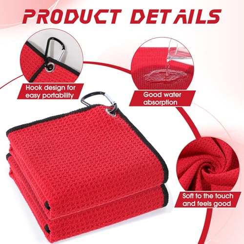 Batiyeer 12 Pcs Golf Towel Bulk for Golf Bags Microfiber Fabric Towel with Clip Waffle Pattern, Fitness, Camping, Hiking, Yoga - color: Red