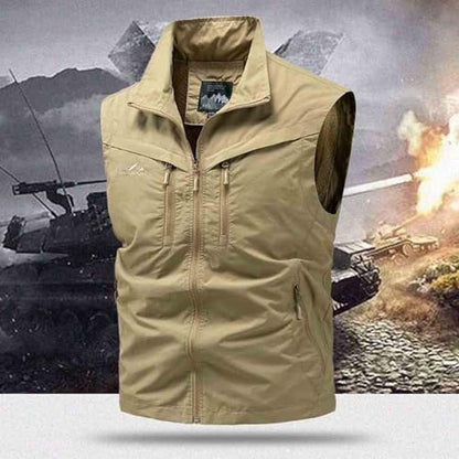Men Fishing Vest Lightweight Outerwear Golf Running Sleeveless Jacket Travel Photo Utility Vest with Zipper Pockets - color: #02 Khaki, size: X-Large