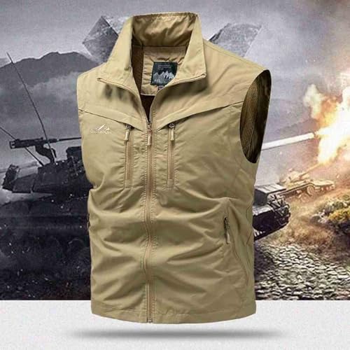 Men Fishing Vest Lightweight Outerwear Golf Running Sleeveless Jacket Travel Photo Utility Vest with Zipper Pockets - color: #02 Khaki, size: Large