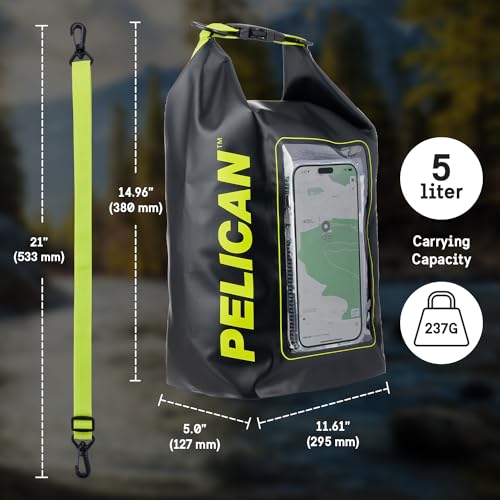 Pelican Marine IP68 Waterproof Dry Bag 5L w/Phone Pouch/Case - Black/Yellow | Roll Top Waterproof Backpack with Touchscreen Phone Pouch - Swimming, Kayaking, Camping, Rafting, Fishing & Travel Essentials - color: Black/Yellow - 5L, size: 5L