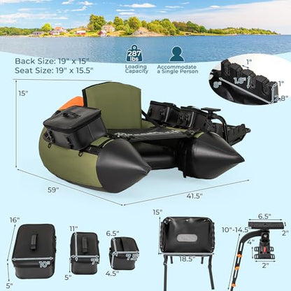 GYMAX Fishing Float Tube, Inflatable Belly Boat with Fish Finder Holder, Rod Rack, Fish Ruler, Manual Pump & Detachable Storage Boxes, Portable Backpack Float Tubes for Adults - color: Green