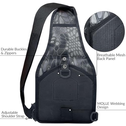 Kynzo Fishing Sling Backpack with Rod Holder, Water-Resistant Fishing Tackle Bag, Durable Shoulder Crossbody Pack for Freshwater Saltwater Fishing (D- Pythonskin Black) - color: D- Pythonskin Black