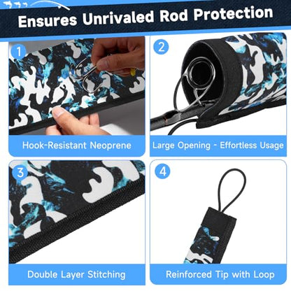 Neoprene Fishing Rod Sleeves for Casting, Spinning, Trolling Pole - Protective Cover Rod Sock with Hanging Loop & Lanyard- Floating, Puncture Resistant, Lightproof - size: 65", style: 10 Pcs