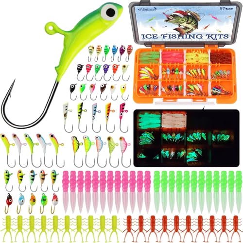 Dovesun Ice Fishing Jigs Kit Ice Fishing Lures Glow in The Dark Fishing Gear Lures 20-93Pcs Jig Head with Tackle Box for Panfish Walleye Crappie Perch Bluegil Trout - color: 87pcs