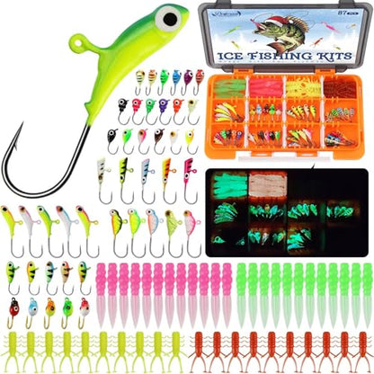 Dovesun Ice Fishing Jigs Kit Ice Fishing Lures Glow in The Dark Fishing Gear Lures 20-93Pcs Jig Head with Tackle Box for Panfish Walleye Crappie Perch Bluegil Trout - color: 87pcs