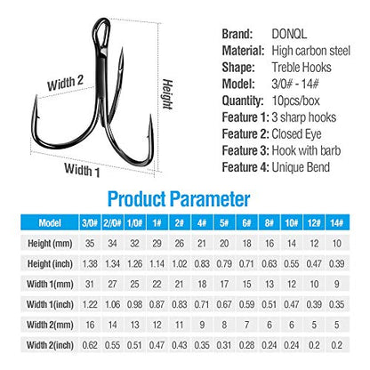 DONQL Fishing Hooks Treble Hook High Carbon Steel Treble Hooks Super Sharp Solid Triple Barbed Fish Hook - size: Size 1/0, Pack of 20