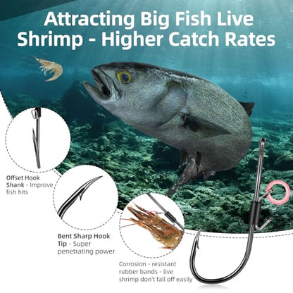 FishTrip Baitholder Fishing Hooks, 10/15pcs Live Shrimp Fixed Hooks Carbon Steel Long Shank Barbed Hooks for Redfish, Bream, Trout, bass 2/0 3/0 4/0